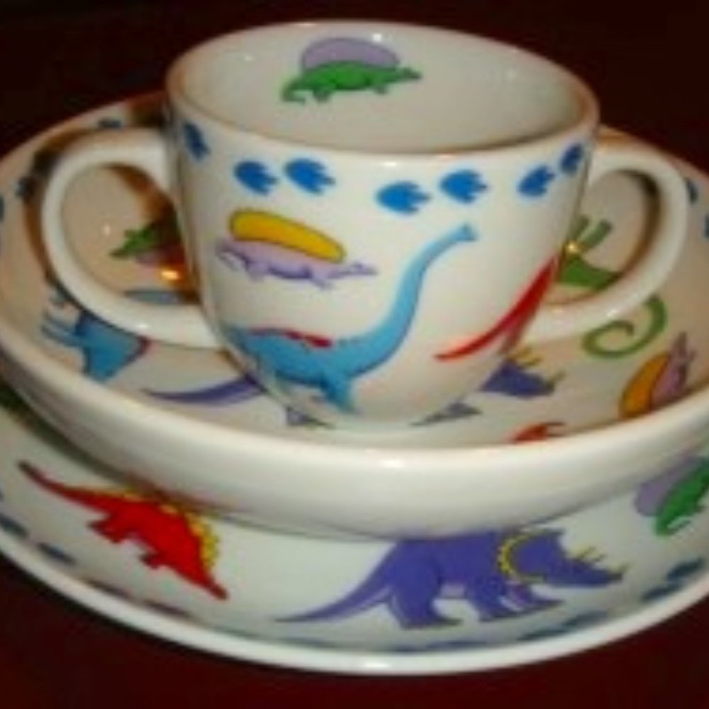 Tiffany & Co. Children's Dinosaur Porcelain China Plate Bow Mug Set New W/Box